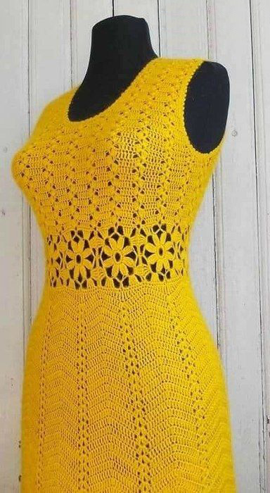 Ажурное желтое платье крючком